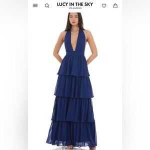 Blue plunge ruffle maxi dress